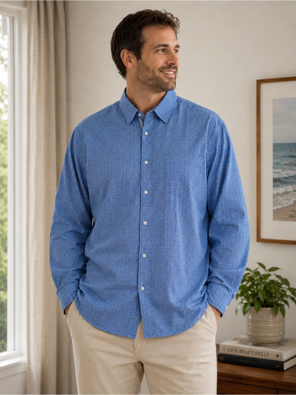 Platino 100% Cotton Men's Button Up Shirt Blue And White Design 2XL Long Sleeve